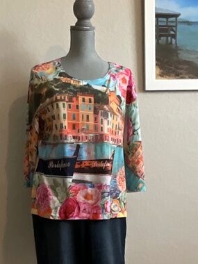 Chico’s Portofino Italy Scenic Print Stretch Top Size 2 (US Large 12) 3/4 Sleeve